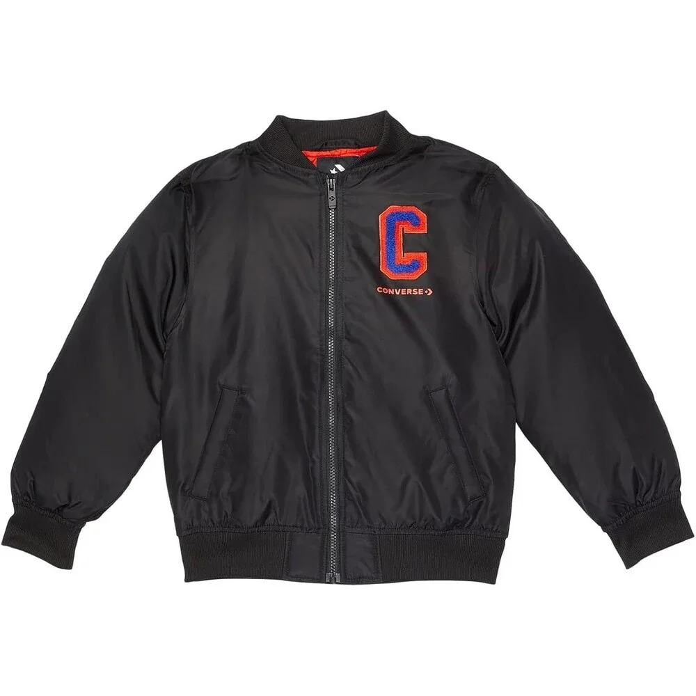 Converse Chenille Bomber Jacket Boys Medium Black Full Zip Long Sleeve GBO293